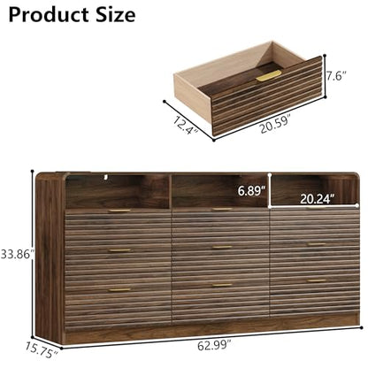63'' Wide Fluted 9 Drawers Dresser with 3 Cubbies, view 3