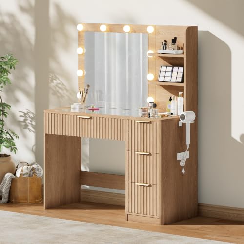 36" Fluted Vanity Desk with Mirror, Adjustable LED, 4 Drawer, Oak, view 2