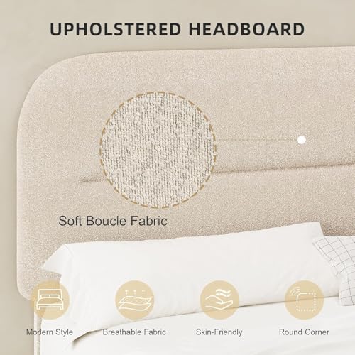 Queen Size Cloud Bed Frame, Beige Plush Boucle Upholstered Bed, view 4