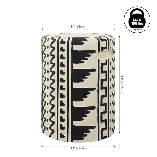 Yoli 18" Geometric Concrete Drum Garden Stool, Black/Cream | Weatherproof Accent Side Table, Indoor Outdoor Versatility, Modern Bohemian Minimalist Style, Integrated Handles
