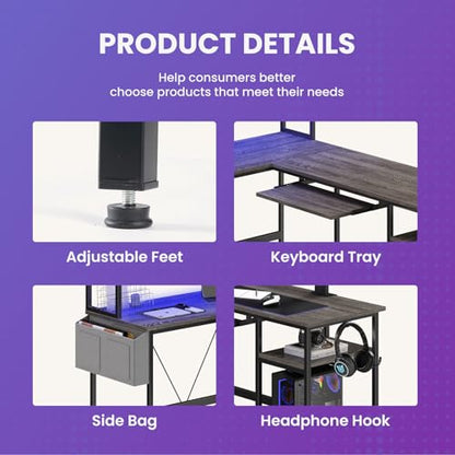 67" L Shaped Gaming Desk, Reversible Computer Desks with LED Lighting, view 5