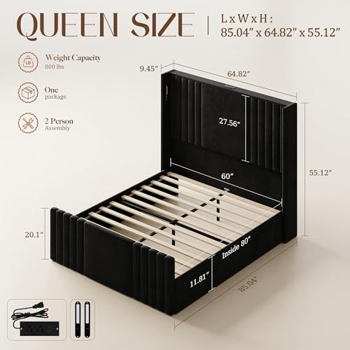 Black Queen Size Platform Bed with Reading Lights, view 3