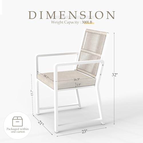 Outdoor Patio Dining Chair, All-Weather Woven Rope Outdoor Chairs Set of 2, Sturdy Steel Frame, 400 lbs, Ergonomic Backrest, Removable Breathable Cushion, for Patio & Garden, White