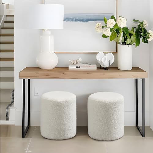 Modern Round Ottoman with Soft Padded Seat – Multifunctional Vanity Chair, Upholstered Footrest Stool for Living Room and Bedroom, Furniture & Décor Store (White)