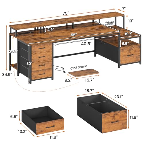 Home Office Desk with File Drawer & Power Outlet, 75'' Large Computer Desk with 5 Drawer, Storage Shelves, Monitor Shelf and Led Lights, 23.6" W Desktop Gaming Desk, Rustic Brown