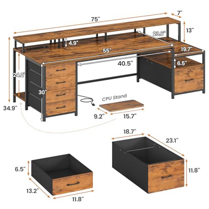 Home Office Desk with File Drawer & Power Outlet, 75'' Large Computer Desk with 5 Drawer, Storage Shelves, Monitor Shelf and Led Lights, 23.6" W Desktop Gaming Desk, Rustic Brown