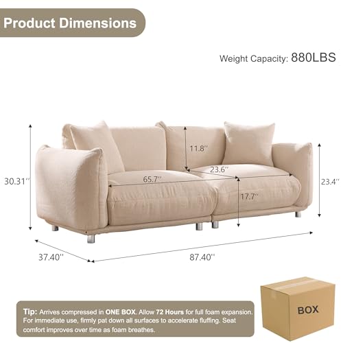 87.4" Modern Cloud Couch, 3 Seater Sherpa Sofa in a Box, Comfy Upholstered Deep Seat Loveseat with Metal Legs, Boucle Sofa Oversized Couch w/2 Pillows for Living Room Bedroom Apartment - Camel