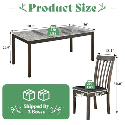 7-Piece Dining Table Set, 71" Faux Marble Modern Table with 6 PU Leather Upholstered Chairs, Heavy-Duty Solid Wood Set for Kitchen & Dining Room, Dark Brown