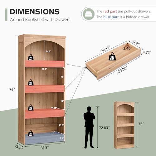 76" Tall Arched Bookcase with 1PC Magnetic Lock Drawer, Modern Wooden Arch Bookshelf w/3 Pull-Out Drawers, Farmhouse 4 Tiers Book Shelf w/Open Shelves for Living Room, Office (Natural)