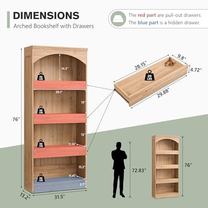 76" Tall Arched Bookcase with 1PC Magnetic Lock Drawer, Modern Wooden Arch Bookshelf w/3 Pull-Out Drawers, Farmhouse 4 Tiers Book Shelf w/Open Shelves for Living Room, Office (Natural)
