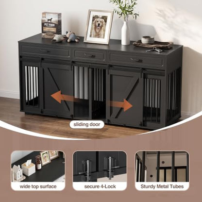 Double Dog Crate Furniture, 71" TV Stand Kennel for 2 Dogs, view 4