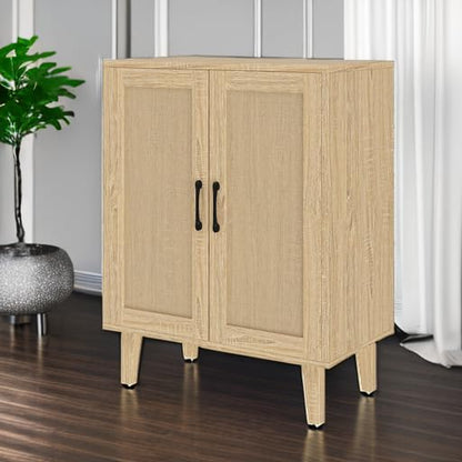 Buffet Cabinet Sideboard with Rattan Decorated Doors Kitchen Storage Cupboard Accent Cabinet (Natural Wood)