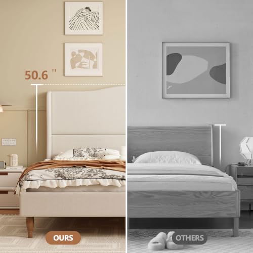Wingback Upholstered Platform Bed with 50.6 Inch Tall Headboard, Beige, view 5