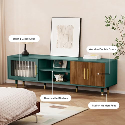 TV Stand with Glass Sliding Door, Mid Century Modern TV Cabinet, view 5