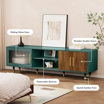 TV Stand with Glass Sliding Door, Mid Century Modern TV Cabinet, view 5