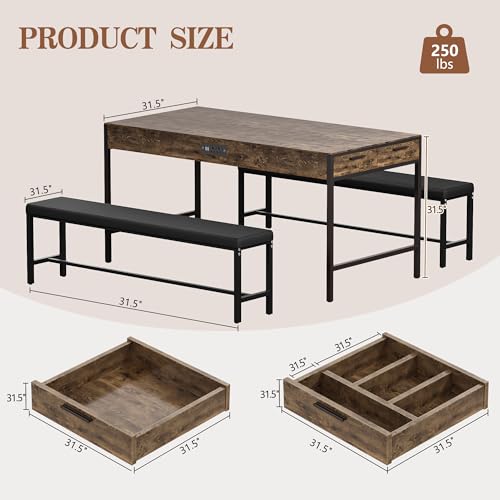 65" Dining Table Set for 4-6, 3-Piece Kitchen Set with 2 Utensil Drawers, 2 Benches & Wine Rack, Space Saving & Heavy Duty, with Metal Frame & MDF Board, Brown