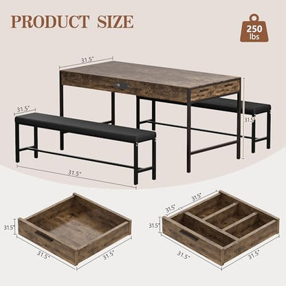 65" Dining Table Set for 4-6, 3-Piece Kitchen Set with 2 Utensil Drawers, 2 Benches & Wine Rack, Space Saving & Heavy Duty, with Metal Frame & MDF Board, Brown