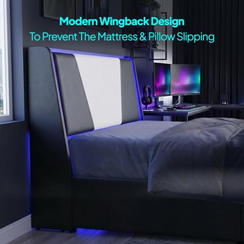 Full Size Bed Frame Upholstered Headboard Lights Storage Drawers, view 7
