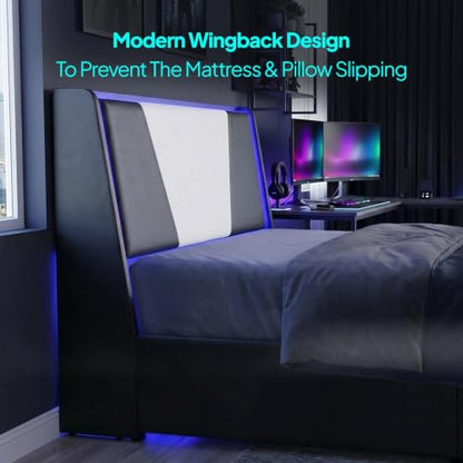 Full Size Bed Frame Upholstered Headboard Lights Storage Drawers, view 7