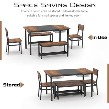 Dining Table Set for 4-6 People,Industrial Dining Table with 2 Benches and 2 Chairs,Kitchen Table Set with Storage Rack for Dining Room,Saving Space,Rustic Brown