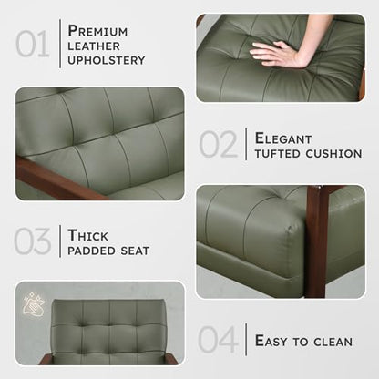 Modern Accent Chair, Luxury Genuine Leather Match Living Room Chair with Tufted Cushions, Solid Wood Frame and Arm Rest, Comfy Upholstered Single Seat for Bedroom/Reading/Office, Green