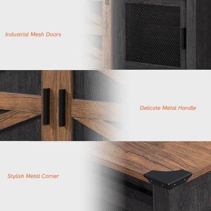 Farmhouse Entertainment Center for 65 Inch TVs, 59" Barn Door TV Stand with Sliding Barn Doors & Mesh Accents, Adjustable Farmhouse TV Stand with Storage for Living Room, Dark Walnut and Black