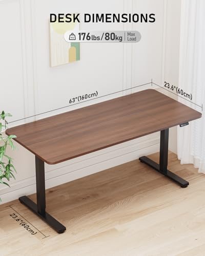 63" Electric Standing Desk Adjustable Height, Sit Stand up Desk for Home Office & Computer Workstation, 2 Memory Height Settings, Splice Board, 2 Hooks, Black Frame/Walnut Top