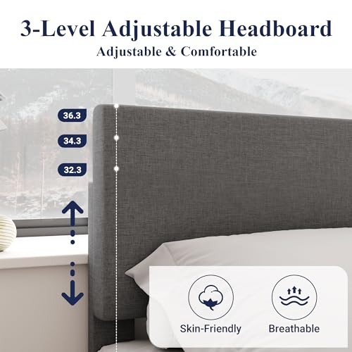 Queen Size Upholstered Bed Frame Adjustable Headboard, Dark Grey, view 6