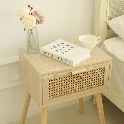 Rattan Nightstand, Bedside Table with Rattan Drawer, Wood End Table with Storage and Solid Wood Legs for Bedroom Living Room Small Space (Walnut)