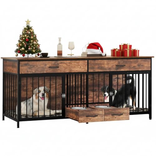 74.8" Double Dog Crate Furniture with Dog Feeder & Drawers, view 2