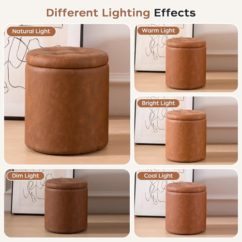 Round faux leather ottoman with storage, brown, view 5