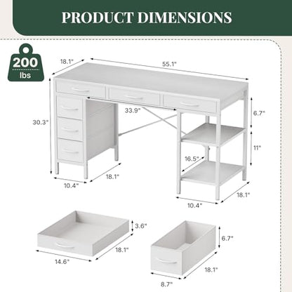 55" Computer Desk with 6 Drawers, Home Office Gaming Desks with Storage Shelves for Bedroom, Writing Study Corner Living Room Work Table White