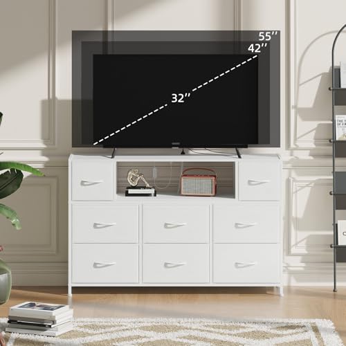 White TV Stand, Dresser for Bedroom for 55 inch TV with Charging Station and LED Lights, Media Console Table with 8 Drawers, Open Shelf, Adjustable Feet,Living Room Furniture