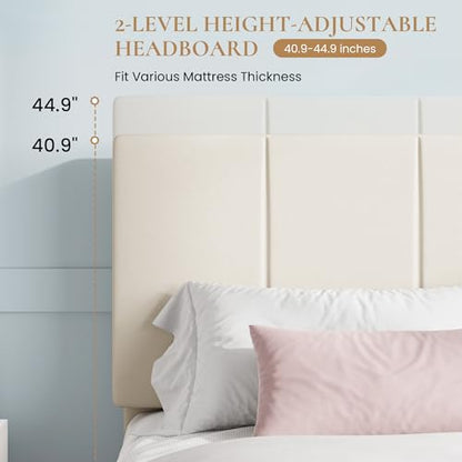 Queen Size Bed Frame, Velvet Upholstered Platform Bed, Cream, view 5