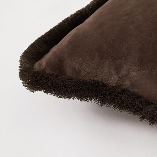 Coffee Velvet Throw Pillow Covers 18x18 Inch Set of 2 with Soft Tassel Fringe Luxury Boho Pillowcase for Sofa Couch Bed Home Decor Machine Washable