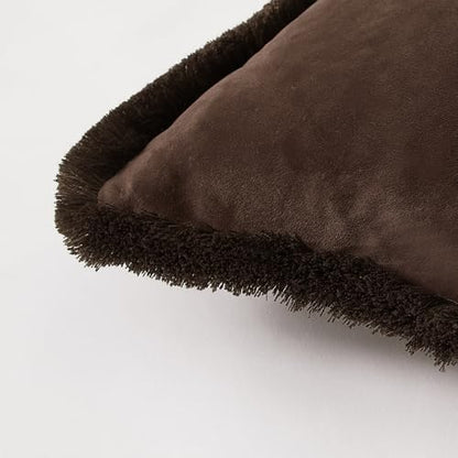 Coffee Velvet Throw Pillow Covers 18x18 Inch Set of 2 with Soft Tassel Fringe Luxury Boho Pillowcase for Sofa Couch Bed Home Decor Machine Washable