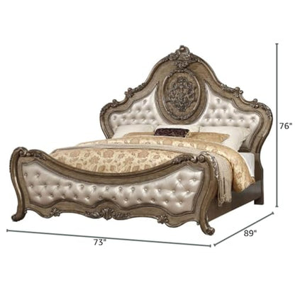 Ragenardus Queen Bed Synthetic Leather Upholstered Headboard Vintage Oak Carved Wood Frame Elegant Bedroom Furniture Luxury Design Sturdy Construction Classic Style Timeless Comfort