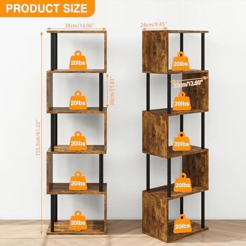6-Tier Tall Bookshelf,S-Shaped Geometric Bookcase,Brown WBC016H | Wood Display Shelves with Storage Industrial Decorative Storage Shelving for Living Room Bedroom Home Office