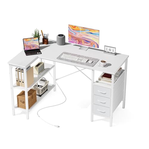 L Shaped Desk with Shelf Drawers 47 Inch, White Corner Computer Desks Gaming with Power Outlet, Study Table with Adjustable Shelves, Home Office Tables for Bedroom Teacher Reading Writing