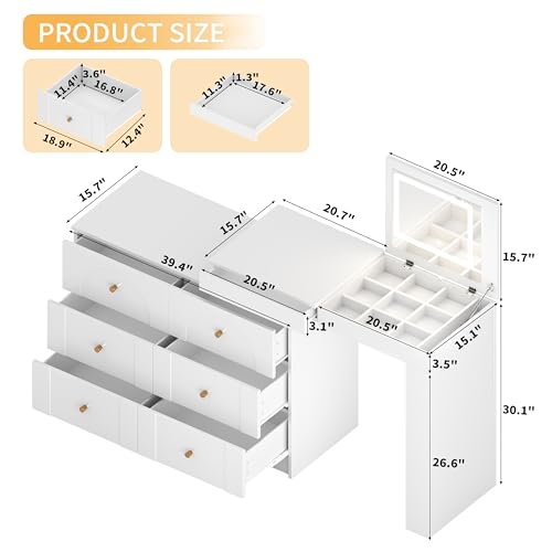 LUMISOL 59.9'' Large Vanity Desk with Flip-Top Tabletop and 7 Drawers, Makeup Vanity Table with Compartments, 3 Shelves, White