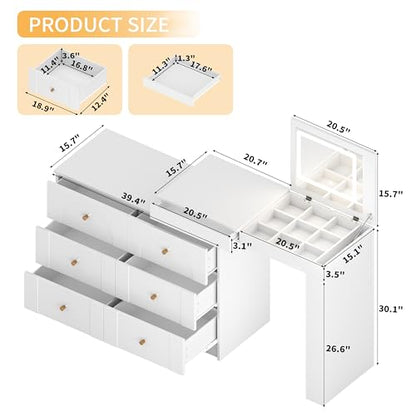 LUMISOL 59.9'' Large Vanity Desk with Flip-Top Tabletop and 7 Drawers, Makeup Vanity Table with Compartments, 3 Shelves, White