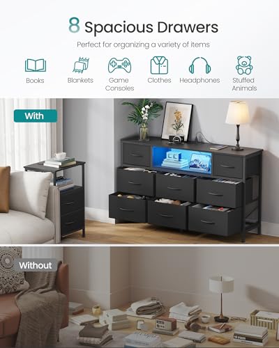 SONGMICS BELLAH Collection - Dresser for Bedroom with Outlets and LED Lights, TV Stand for TVs Up to 55 Inches, Chest of Drawers, 8 Drawers, Steel, Industrial, Modern, Ink Black ULGS433BH02S