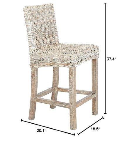 Furniture - Tobie Rattan Counter Stool - 23.62" Seat Height - Grey White-Wash - Wood - Coastal Rattan-Seat Design - Ideal for Kitchen, Bar Area, Dining Room - Fully Assembled (BST6501B)
