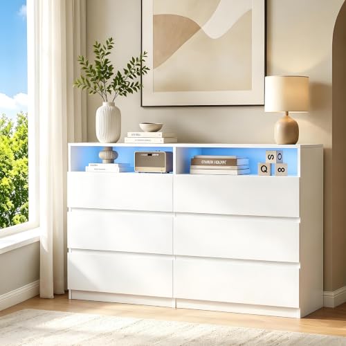 Premium 6 Drawers 2 Shelves 47"L White Dresser for Bedroom with RGB Lights, view 2