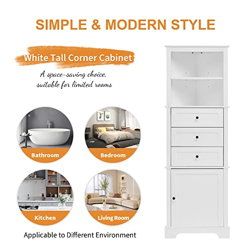 69 Inch Tall Corner Storage Cabinet with Adjustable Shelves, White | White MDF, bathroom kitchen or living room, adjustable shelves, open shelf, enclosed cabinet, triangle compartments, 23 in W