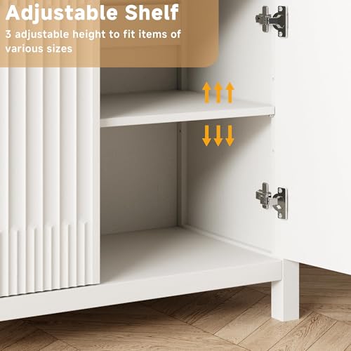Fluted Buffet Cabinet with Storage, 34" Tall Modern Arched Sideboard Cabinet w/AdjustableShelves,Wooden Modular Coffee Bar for Dining Room, Kitchen, Living Room, Entryway, White