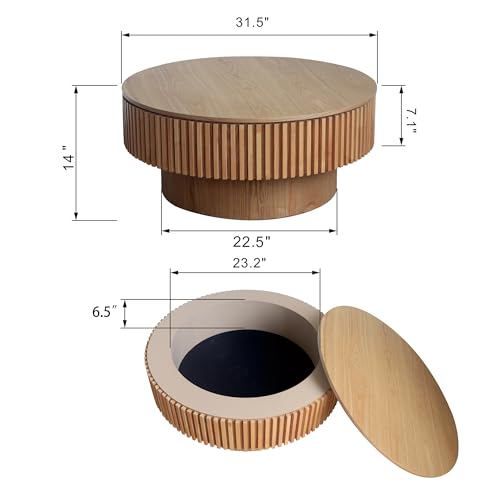 31.5''Round Coffee Table with Storage, Modern Luxury Circle Drum Center Tables with Solid Wood Veneered, Accent Side Coffee Table for Living Room, Bedroom, Apartment-Natural