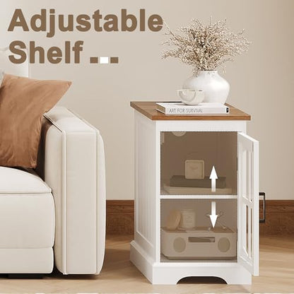 Farmhouse End Table Set of 2 with Charging Station, Nightstand with Adjustable Shelf and Glass Door, White Side Table for Living Room, Bedroom
