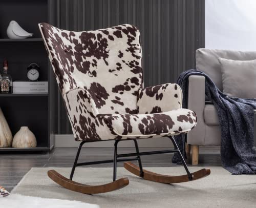 Nursery Rocking Chair Fabric Upholstered Rocker Chair Tufted Wingback Accent Chair with Wooden Base Modern Comfy Lounge Armchair for Bedroom Living Room, Cow