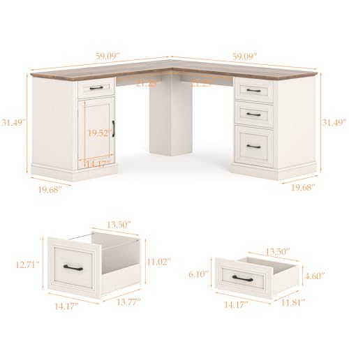 Farmhouse 59" L-Shaped Executive Desk with Drawers, Wood Home Office Corner Desk with Charging Station, File Drawer, Storage Cabinet, Rustic Computer Writing Desk for Home Office (Unique White)